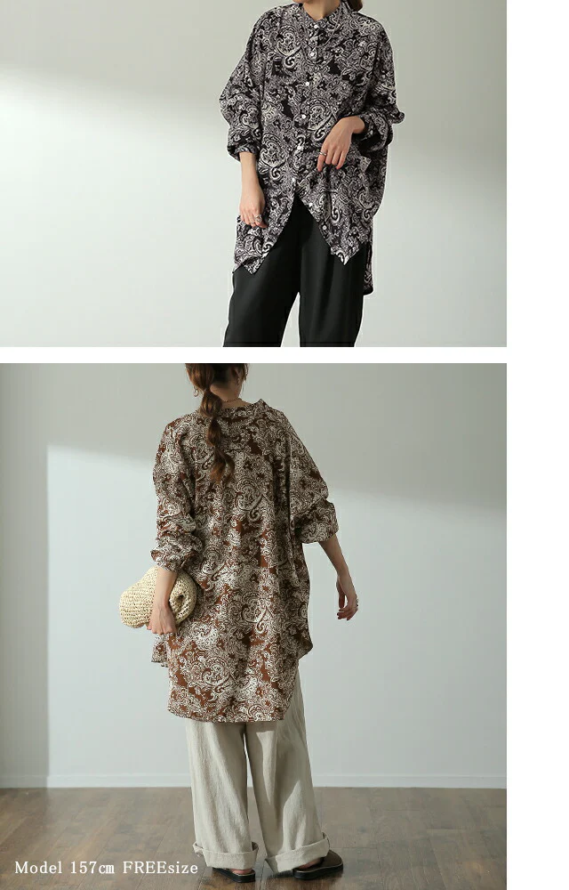 シャツ 「とろみ感。」 ペイズリー柄 レディース スリット トップス ロング ロングシャツ ブラウス チュニック バンドカラー ノーカラー 体型カバー レイヤード オーバーサイズ 総柄 ペイズリー 柄 長袖 羽織 大きいサイズ 黒 白 春 夏 HUG.U メール便 - Image 19