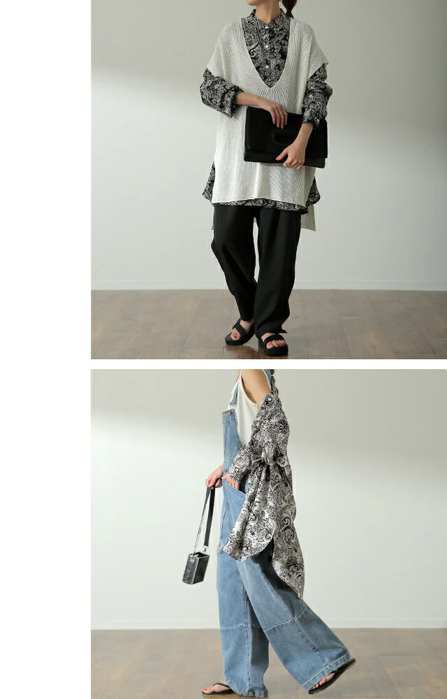 シャツ 「とろみ感。」 ペイズリー柄 レディース スリット トップス ロング ロングシャツ ブラウス チュニック バンドカラー ノーカラー 体型カバー レイヤード オーバーサイズ 総柄 ペイズリー 柄 長袖 羽織 大きいサイズ 黒 白 春 夏 HUG.U メール便 - Image 21