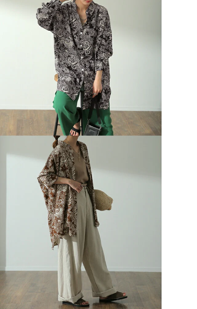 シャツ 「とろみ感。」 ペイズリー柄 レディース スリット トップス ロング ロングシャツ ブラウス チュニック バンドカラー ノーカラー 体型カバー レイヤード オーバーサイズ 総柄 ペイズリー 柄 長袖 羽織 大きいサイズ 黒 白 春 夏 HUG.U メール便 - Image 23