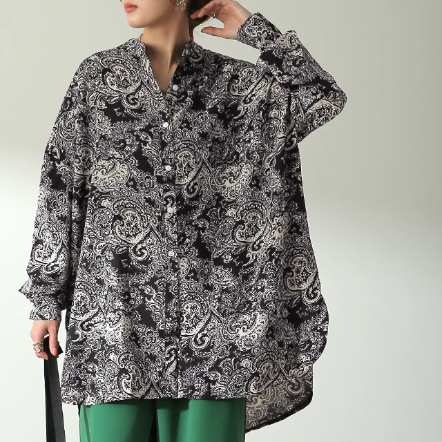 シャツ 「とろみ感。」 ペイズリー柄 レディース スリット トップス ロング ロングシャツ ブラウス チュニック バンドカラー ノーカラー 体型カバー レイヤード オーバーサイズ 総柄 ペイズリー 柄 長袖 羽織 大きいサイズ 黒 白 春 夏 HUG.U メール便 - Image 26