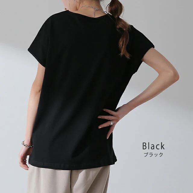 Tシャツ 「ピタッとしない。サラッと快適」フレンチ Vネック レディース フレンチスリーブ トップス フレンチ 半袖 二の腕カバー 大きいサイズ 体型カバー ゆったり 二の腕カバー インナー きれいめ お尻が隠れる 黒 春 夏 HUG.U メール便 - Image 12