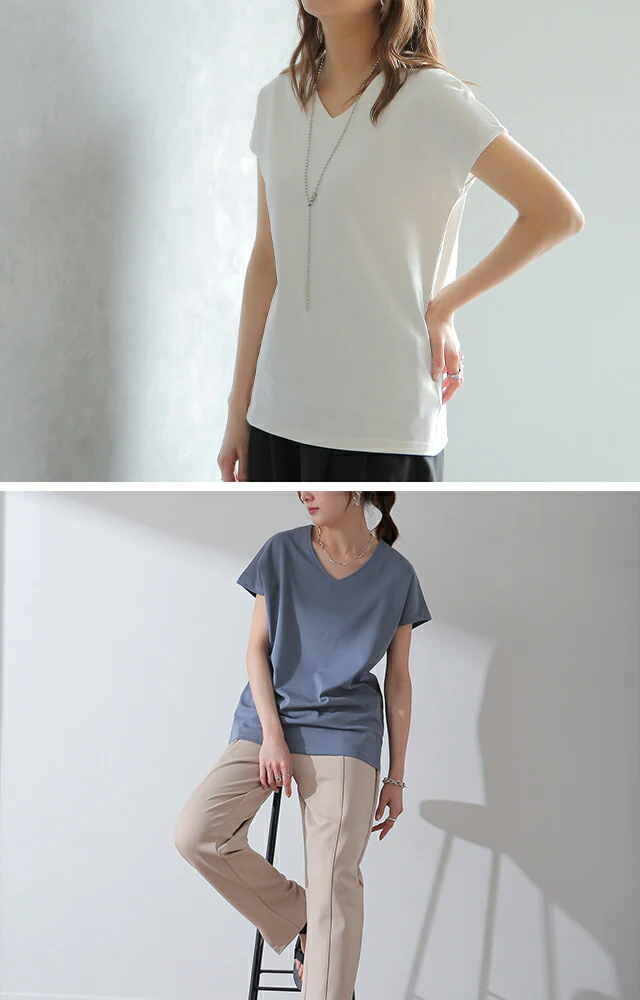 Tシャツ 「ピタッとしない。サラッと快適」フレンチ Vネック レディース フレンチスリーブ トップス フレンチ 半袖 二の腕カバー 大きいサイズ 体型カバー ゆったり 二の腕カバー インナー きれいめ お尻が隠れる 黒 春 夏 HUG.U メール便 - Image 20