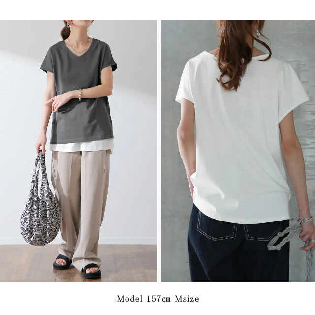 Tシャツ 「ピタッとしない。サラッと快適」フレンチ Vネック レディース フレンチスリーブ トップス フレンチ 半袖 二の腕カバー 大きいサイズ 体型カバー ゆったり 二の腕カバー インナー きれいめ お尻が隠れる 黒 春 夏 HUG.U メール便 - Image 22