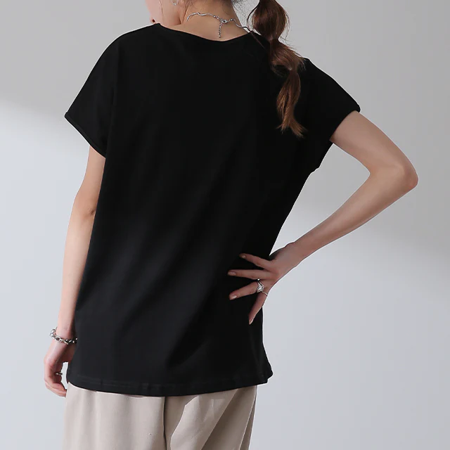 Tシャツ 「ピタッとしない。サラッと快適」フレンチ Vネック レディース フレンチスリーブ トップス フレンチ 半袖 二の腕カバー 大きいサイズ 体型カバー ゆったり 二の腕カバー インナー きれいめ お尻が隠れる 黒 春 夏 HUG.U メール便 - Image 28