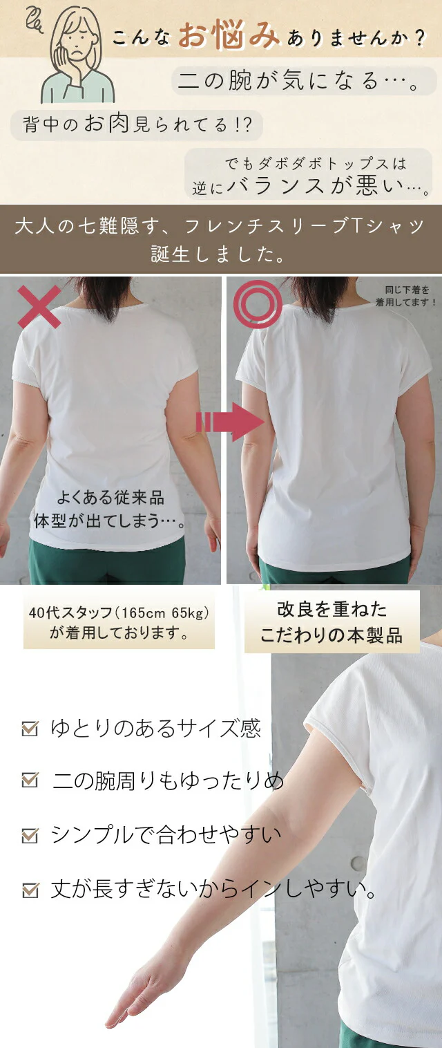 Tシャツ 「ピタッとしない。サラッと快適」フレンチ Vネック レディース フレンチスリーブ トップス フレンチ 半袖 二の腕カバー 大きいサイズ 体型カバー ゆったり 二の腕カバー インナー きれいめ お尻が隠れる 黒 春 夏 HUG.U メール便 - Image 4