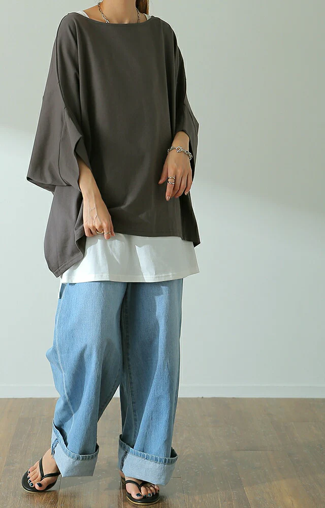 Tシャツ 『究極』 体型カバー トップス ■一部7月下旬入荷 二の腕カバー レディース インナー ティーシャツ チュニック ビッグ プラスサイズ 半袖 おしゃれ 大きいサイズ 長め ゆったり 変形シルエット ロング 白 お尻が隠れる 白 黒 春 夏 HUG.U メール便 - Image 11