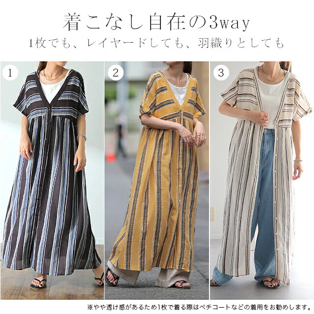 【夏セール】 「夏マルチ。 体型カバー」 麻 ワンピース シャツワンピース ストライプ ボーダー マルチボーダー リネン コットン シャツワンピ ロング ロングワンピース レディース ロングシャツ マキシ 半袖 羽織 前開き 大きいサイズ 春 夏 HUG.U メール便 - Image 14