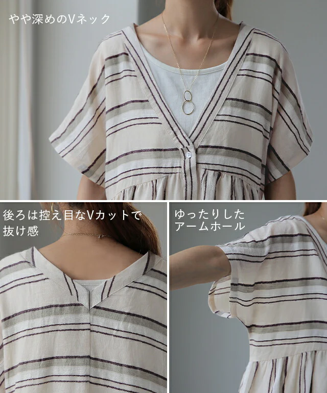 【夏セール】 「夏マルチ。 体型カバー」 麻 ワンピース シャツワンピース ストライプ ボーダー マルチボーダー リネン コットン シャツワンピ ロング ロングワンピース レディース ロングシャツ マキシ 半袖 羽織 前開き 大きいサイズ 春 夏 HUG.U メール便 - Image 16