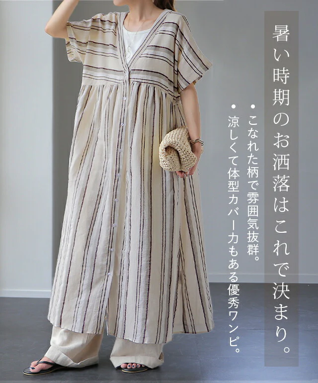 【夏セール】 「夏マルチ。 体型カバー」 麻 ワンピース シャツワンピース ストライプ ボーダー マルチボーダー リネン コットン シャツワンピ ロング ロングワンピース レディース ロングシャツ マキシ 半袖 羽織 前開き 大きいサイズ 春 夏 HUG.U メール便 - Image 2