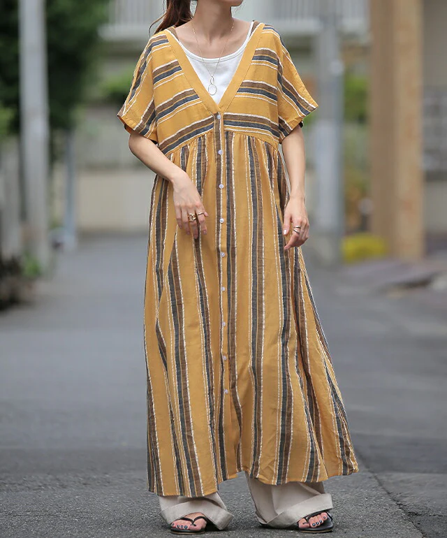 【夏セール】 「夏マルチ。 体型カバー」 麻 ワンピース シャツワンピース ストライプ ボーダー マルチボーダー リネン コットン シャツワンピ ロング ロングワンピース レディース ロングシャツ マキシ 半袖 羽織 前開き 大きいサイズ 春 夏 HUG.U メール便 - Image 5