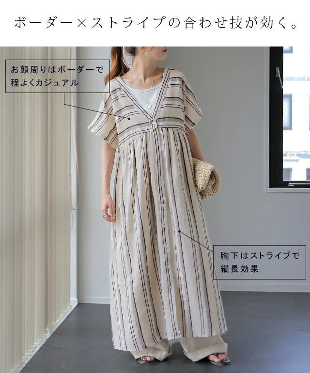 【夏セール】 「夏マルチ。 体型カバー」 麻 ワンピース シャツワンピース ストライプ ボーダー マルチボーダー リネン コットン シャツワンピ ロング ロングワンピース レディース ロングシャツ マキシ 半袖 羽織 前開き 大きいサイズ 春 夏 HUG.U メール便 - Image 7