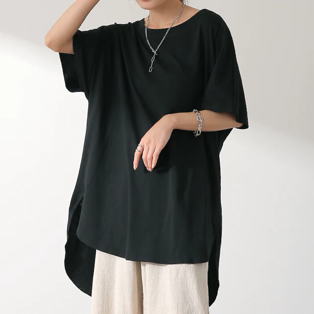 Tシャツ ( 凧カイト型) 「体型カバー」 ドルマンスリーブトップス バックシャン 二の腕カバー きれいめ レディース インナー ティーシャツ チュニック プラスサイズ 半袖 大きいサイズ 長め ゆったり ロング 白 お尻が隠れる 黒 春 夏 HUG.U メール便 - Image 27