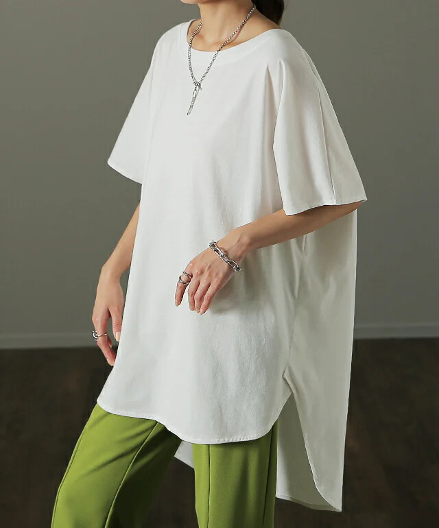 Tシャツ ( 凧カイト型) 「体型カバー」 ドルマンスリーブトップス バックシャン 二の腕カバー きれいめ レディース インナー ティーシャツ チュニック プラスサイズ 半袖 大きいサイズ 長め ゆったり ロング 白 お尻が隠れる 黒 春 夏 HUG.U メール便 - Image 5