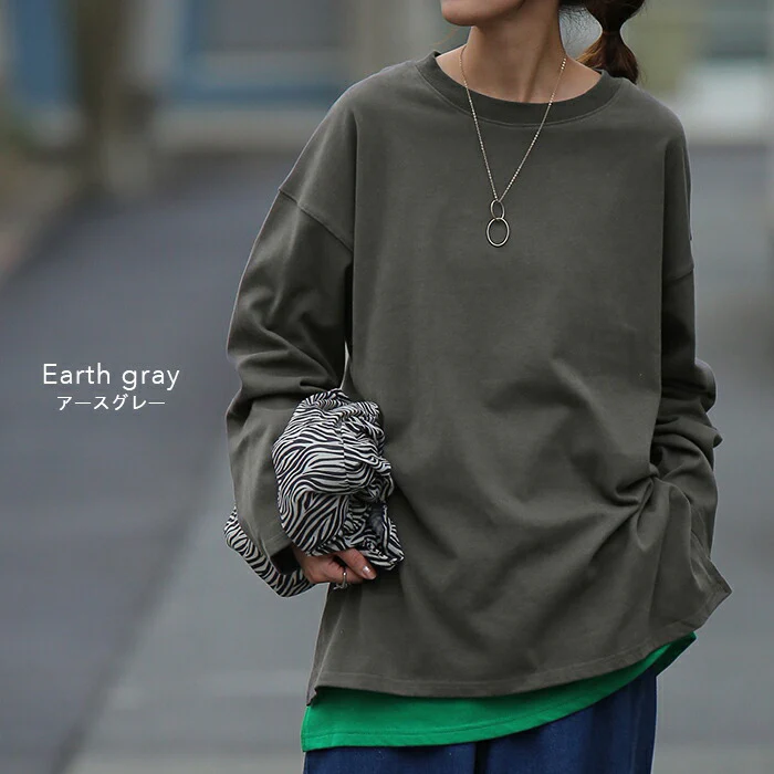 普通じゃない「桃生地。」ロンＴ 綿100％ オーバーサイズ レディース カットソー ロンT 長袖 Tシャツ ロング チュニック レイヤード Uネック 無地 スリット ボックス 大きいサイズ ゆったり 体型カバー お尻が隠れる グリーン 黒 白 春 夏 HUG.U メール便 - Image 11