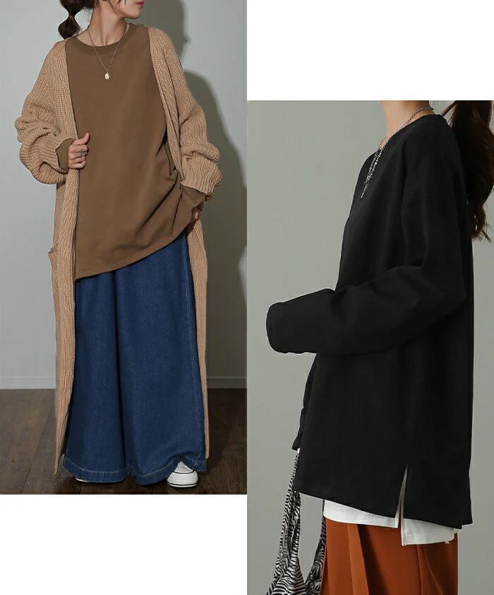 普通じゃない「桃生地。」ロンＴ 綿100％ オーバーサイズ レディース カットソー ロンT 長袖 Tシャツ ロング チュニック レイヤード Uネック 無地 スリット ボックス 大きいサイズ ゆったり 体型カバー お尻が隠れる グリーン 黒 白 春 夏 HUG.U メール便 - Image 21