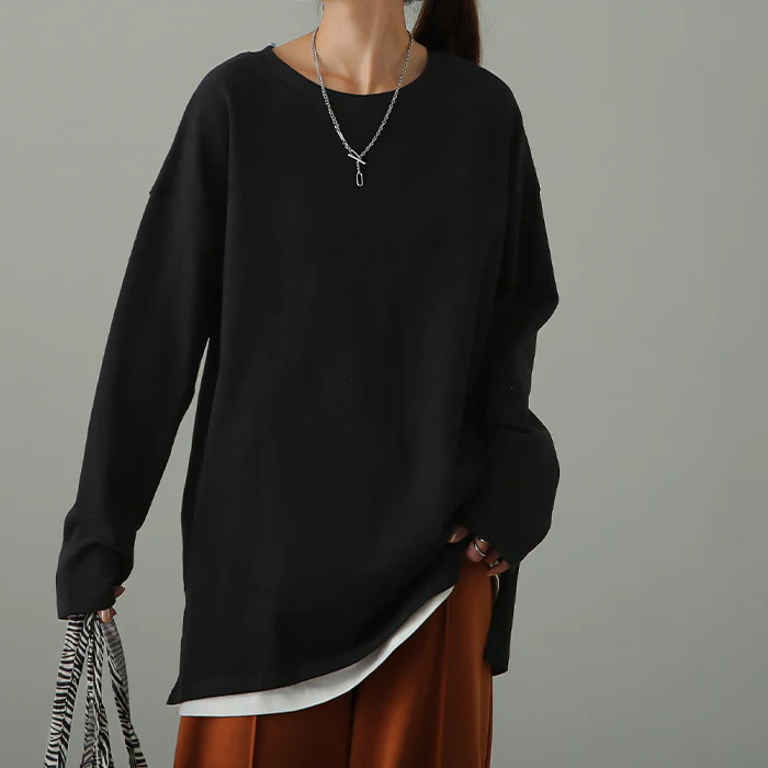 普通じゃない「桃生地。」ロンＴ 綿100％ オーバーサイズ レディース カットソー ロンT 長袖 Tシャツ ロング チュニック レイヤード Uネック 無地 スリット ボックス 大きいサイズ ゆったり 体型カバー お尻が隠れる グリーン 黒 白 春 夏 HUG.U メール便 - Image 27
