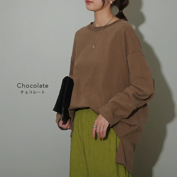 普通じゃない「桃生地。」ロンＴ 綿100％ オーバーサイズ レディース カットソー ロンT 長袖 Tシャツ ロング チュニック レイヤード Uネック 無地 スリット ボックス 大きいサイズ ゆったり 体型カバー お尻が隠れる グリーン 黒 白 春 夏 HUG.U メール便 - Image 28