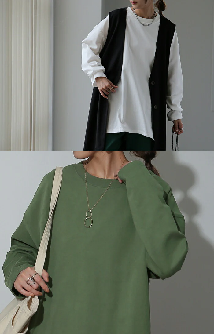 普通じゃない「桃生地。」ロンＴ 綿100％ オーバーサイズ レディース カットソー ロンT 長袖 Tシャツ ロング チュニック レイヤード Uネック 無地 スリット ボックス 大きいサイズ ゆったり 体型カバー お尻が隠れる グリーン 黒 白 春 夏 HUG.U メール便 - Image 7