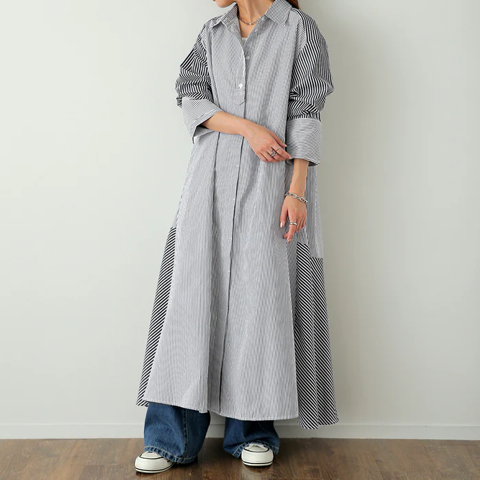シャツワンピ 「シワになりにくい」ワンピース シャツワンピース ワンピース バックシャン シャツ ストライプ レディース ロング フレア ロングワンピース マーメイド Aライン マキシ 長袖 前開き 切り替え 大きいサイズ 黒 春 青 夏 HUG.U メール便 - Image 27