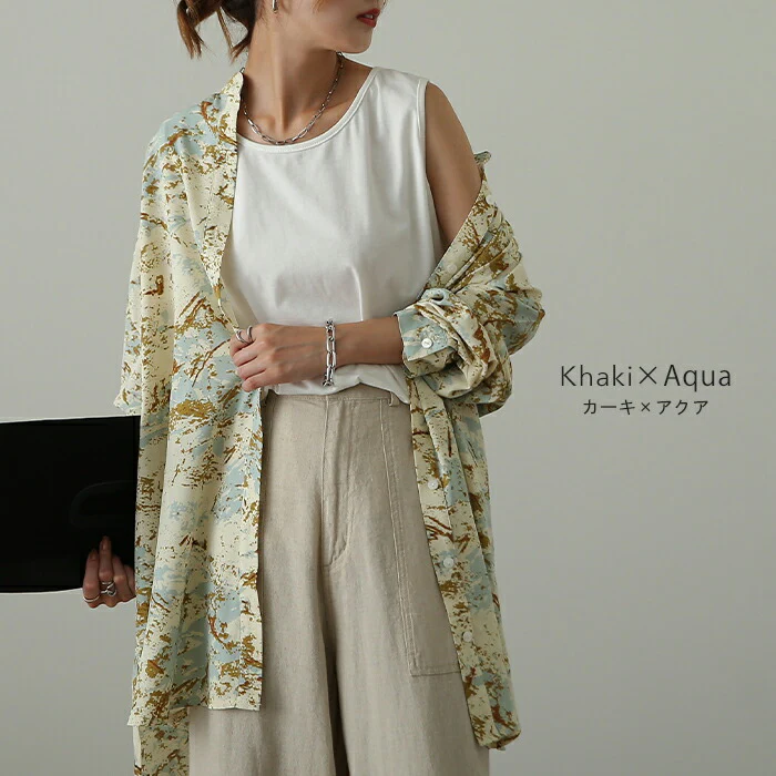 アート柄 シャツ 「大人に映える」 シャツ レディース スリット トップス ロング ロングシャツ ブラウス チュニック バンドカラー ノーカラー 体型カバー レイヤード オーバーサイズ 総柄 水彩 柄 長袖 羽織 大きいサイズ 黒 白 春 夏 HUG.U メール便 - Image 12