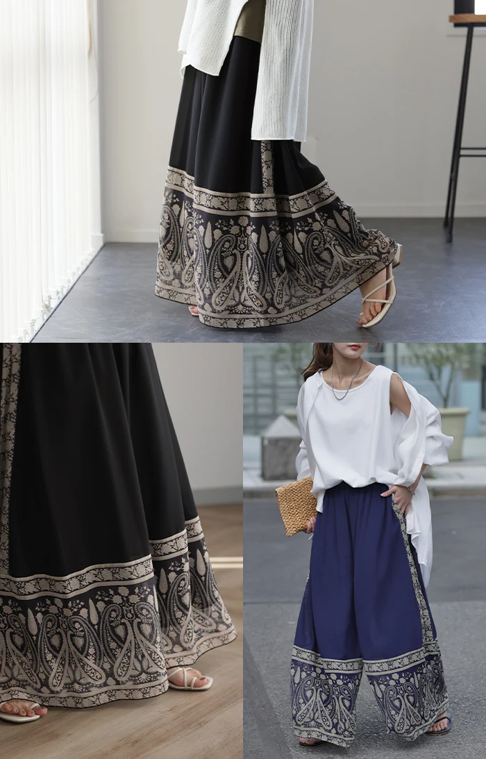 ワイドパンツ シフォンパンツ ガウチョパンツ ■一部7月上旬入荷 ガウチョ レディース パンツ ボトムス シフォン シアー 透け感 シアー感 ペイズリー柄 花柄 大きいサイズ ウエストゴム ゴムフレア 体型カバー リゾート ネイビー バギーパンツ 黒 紺 春 夏 HUG.U - Image 16