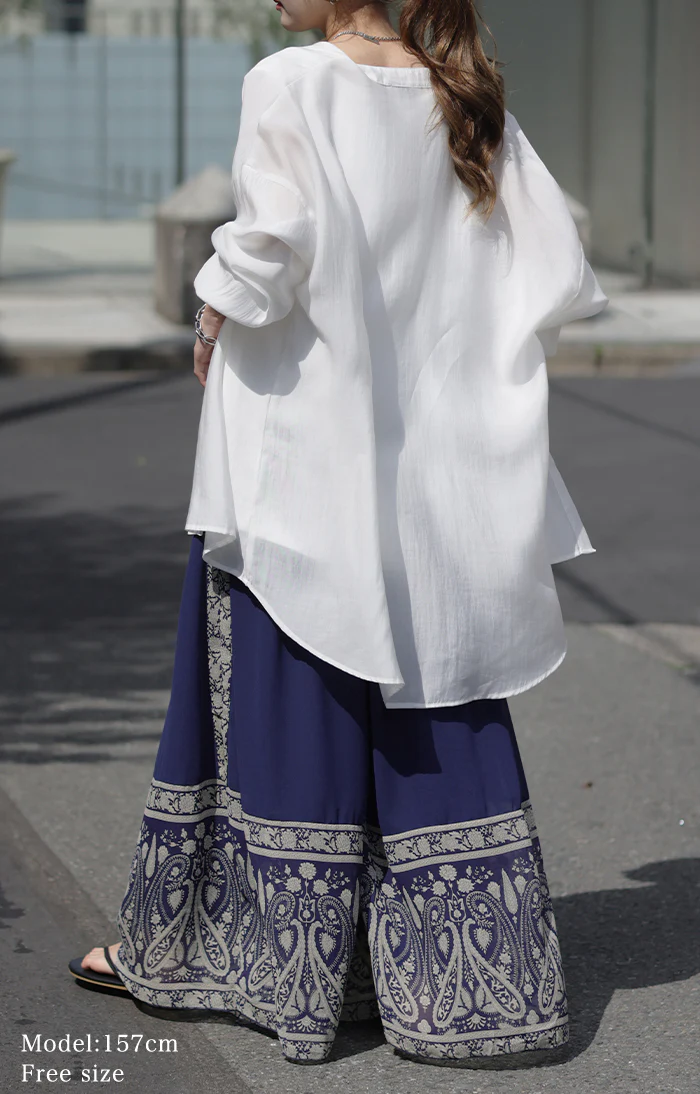 ワイドパンツ シフォンパンツ ガウチョパンツ ■一部7月上旬入荷 ガウチョ レディース パンツ ボトムス シフォン シアー 透け感 シアー感 ペイズリー柄 花柄 大きいサイズ ウエストゴム ゴムフレア 体型カバー リゾート ネイビー バギーパンツ 黒 紺 春 夏 HUG.U - Image 22