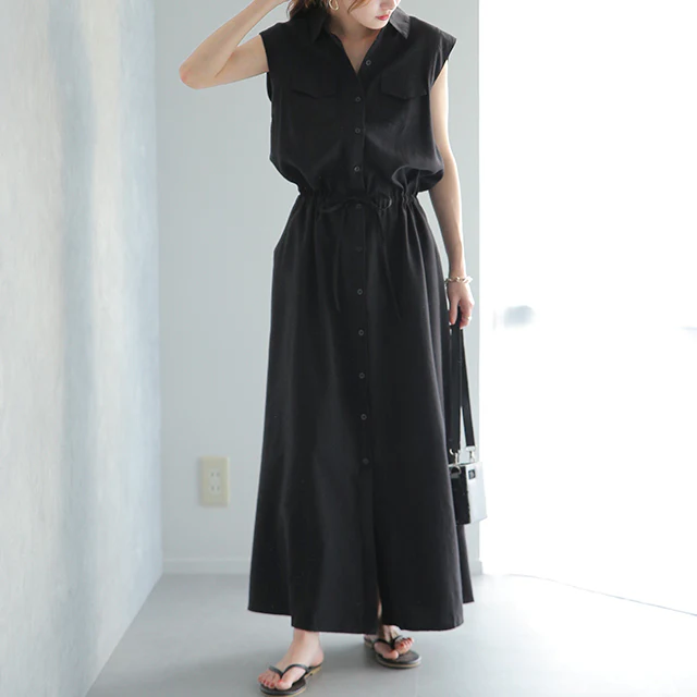 ワンピース ロングワンピース シャツワンピース ■一部7月中旬入荷 ノースリーブ シャツ ブラウス ワンピ シャツワンピ ロング ロングワンピ マキシ マキシワンピース マキシワンピ 黒 グレー ベージュ きれいめ 春 夏 黒 Aライン ウエストマーク HUG.U - Image 32