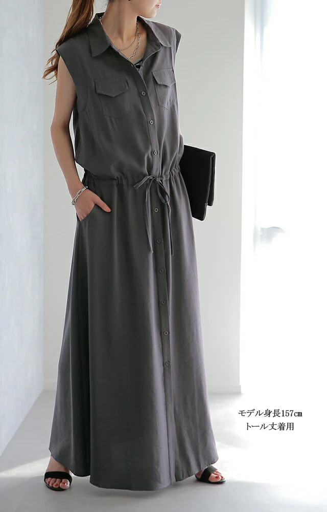 ワンピース ロングワンピース シャツワンピース ■一部7月中旬入荷 ノースリーブ シャツ ブラウス ワンピ シャツワンピ ロング ロングワンピ マキシ マキシワンピース マキシワンピ 黒 グレー ベージュ きれいめ 春 夏 黒 Aライン ウエストマーク HUG.U - Image 5